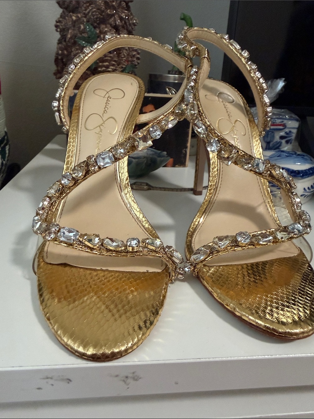 Jessica Simpson Gold Crystal-Strap High Heels - Picture 5 of 8